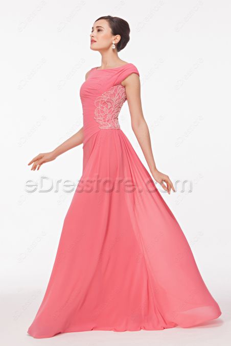 Modest Boat Neck Beaded Pink Prom Dresses