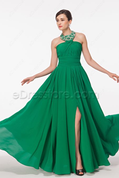 Beaded Halter Emerald Green Long Prom Dress with Slit