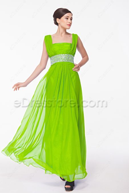 Square Neckline Beaded Lime Green Long Prom Dresses Plus Size