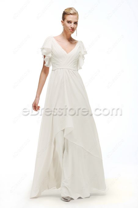 V Neck Chiffon Beach Wedding Dress with Sleeves