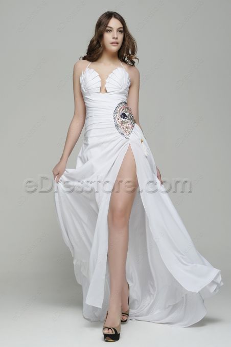 Halter Beaded Long White Prom Dresses with Slit