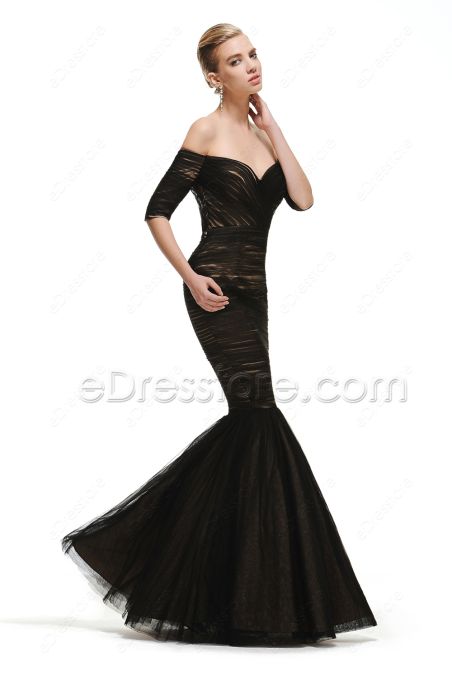 Off the Shoulder Mmermaid Black Vintage Prom Dress with Sleeves