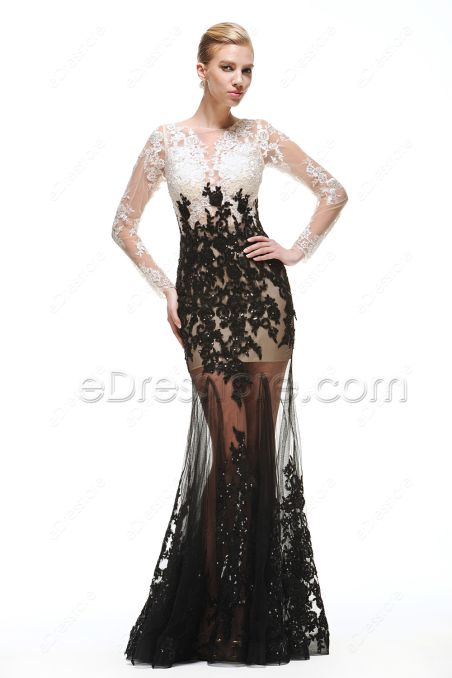 Black White Sparkly Prom Dresses Long Sleeves See Through