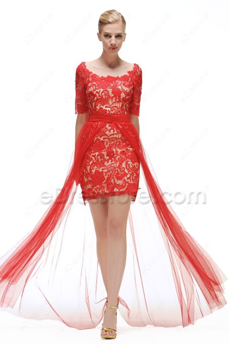 2 Piece Lace Red Prom Dress with Sleeves