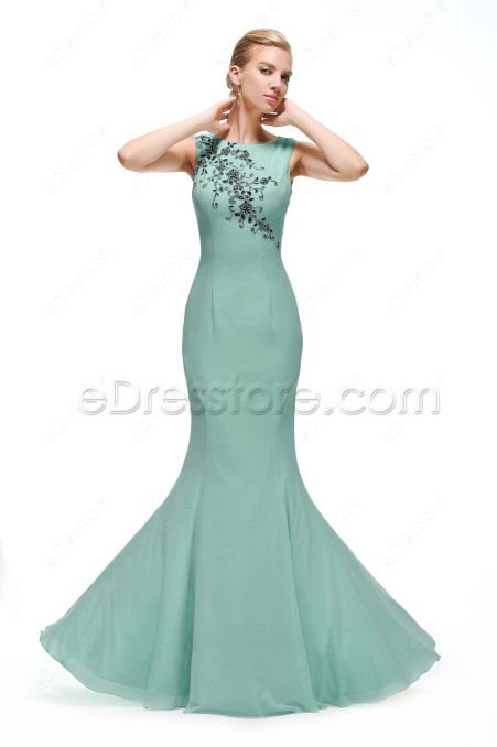 Mermaid Long Dusty Green Prom Dress with Black Lace