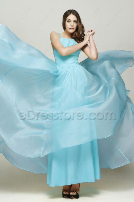 Elegant Sky Blue Flowing Chiffon Prom Dress Long