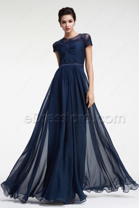 Modest Navy Blue Prom Dresses with Sleeves