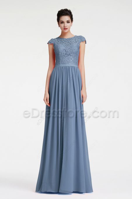 Modest Periwinkle Bridesmaid Dresses Lace Top with Sleeves
