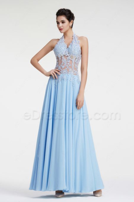 Ice Blue Halter See Through Lace Prom Dresses