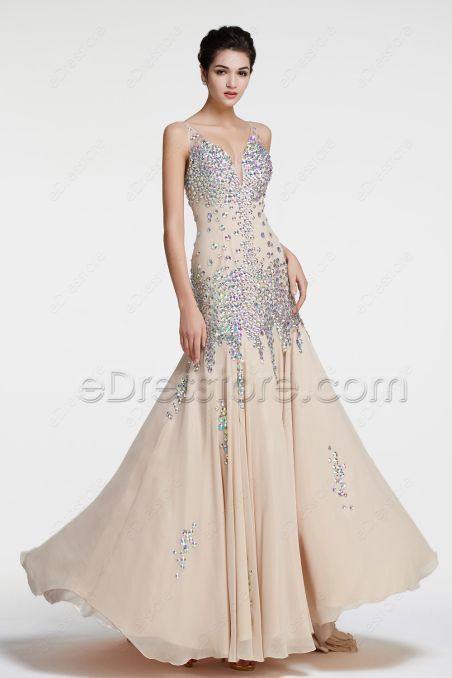 Champagne Mermaid Crystals Sparkly Prom Dresses Long