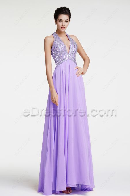 Lavender Backless Crystals Prom Dresses Long Evening Dresses