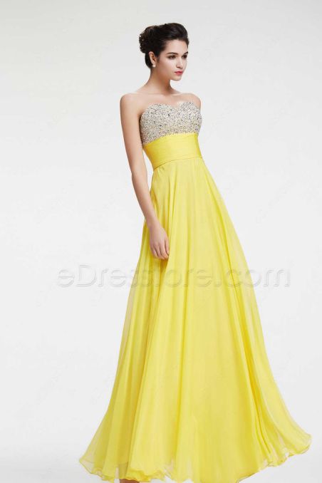 Yellow Beaded Sparkly Prom Dresses Flowing Pageant Dresses