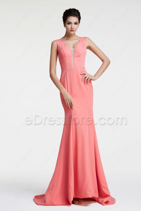 Coral Mermaid Backless Prom Dresses Long