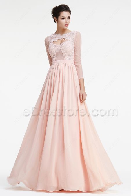 Peach Lace Prom Dresses Long Sleeves Evening Dress