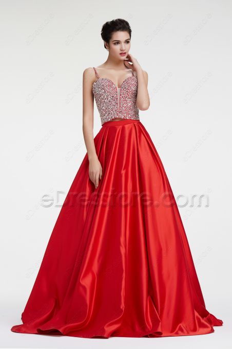 Crystal Beaded Sparkly Ball Gown Prom Dress Two Piece