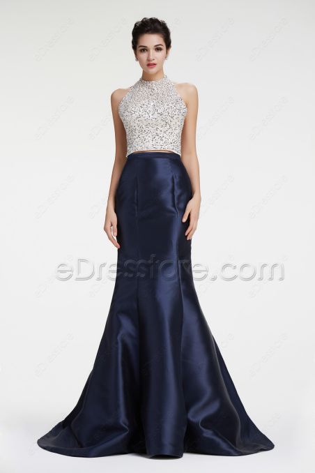 Navy Halter Mermaid Sparkly Prom Dresses Two Piece