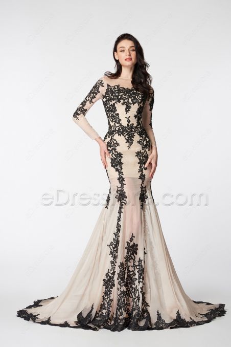 Champagne Mermaid Prom Dress Long Sleeves with Black Lace