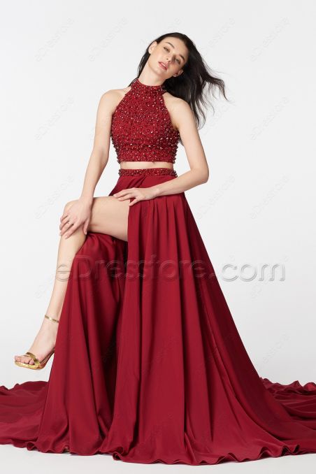 Beaded High Neck Two Piece Burgundy Prom Dress with Slit
