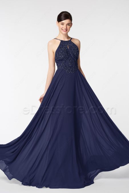 Navy Blue Beaded Long Prom Dresses