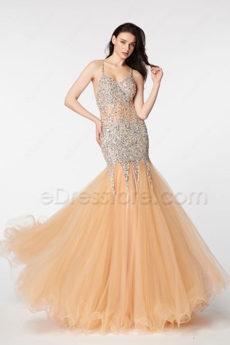 Crystals Beaded Sparkly Mermaid Backless Prom Dresses Long