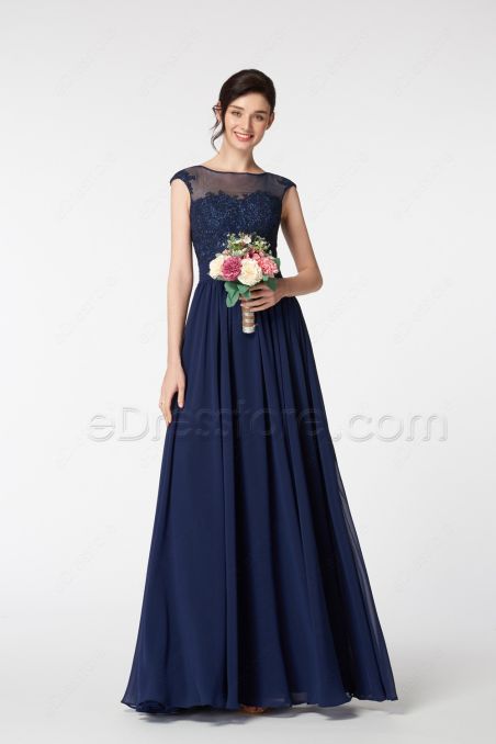 Navy Blue Modest Bridesmaid Dresses with Lace Appliques
