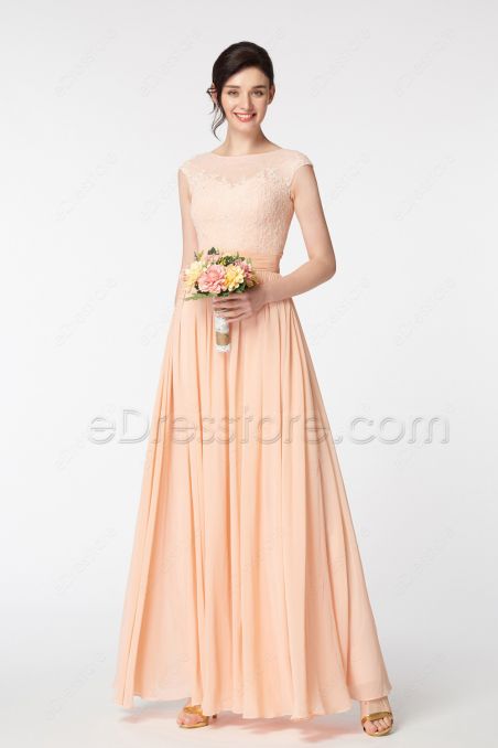 Lace Chiffon Peach Modest Bridesmaid Gown