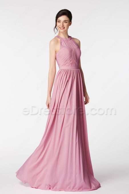 Rose Color Halter Formal Dresses Long