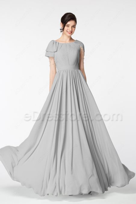 Gray Modest Mother of the Bride Dresses Elbow Sleeves