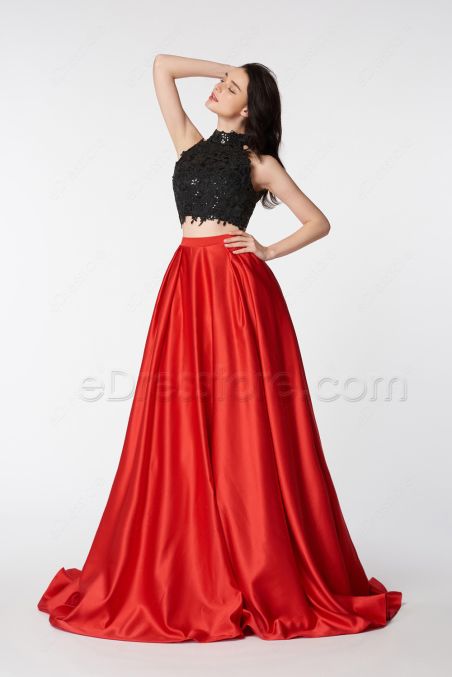 Two Piece Backless Prom Dresses Red High Neck