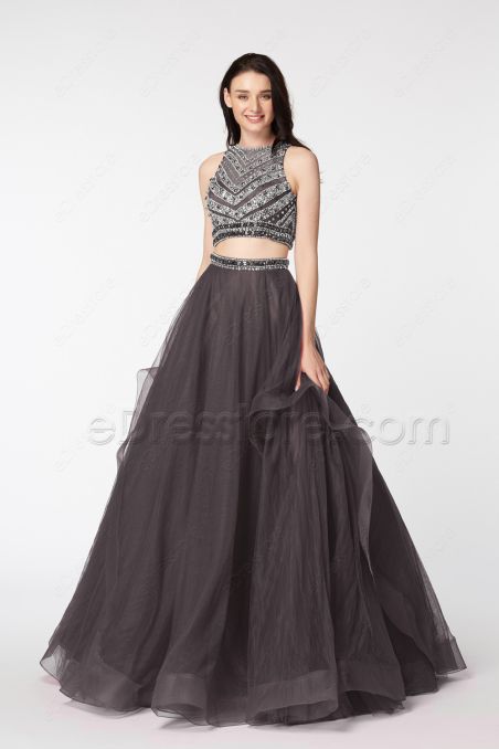 Charcoal Grey Beaded Two Piece Homecoming Dresses