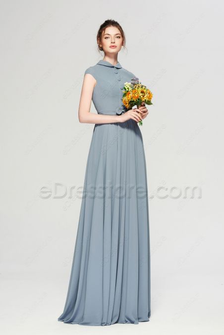 Modest Dusty Blue Bridesmaid Dress Cap Sleeves