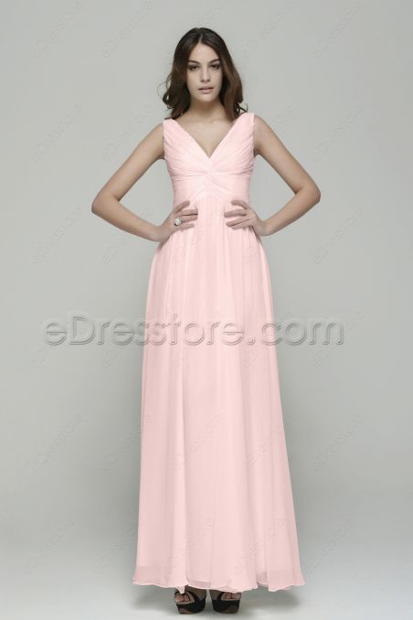 V Neck Pleated Baby Pink Long Bridesmaid Dresses