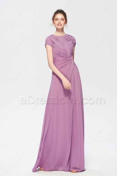 Modest Wisteria Bridesmaid Dress with Short Sleeves