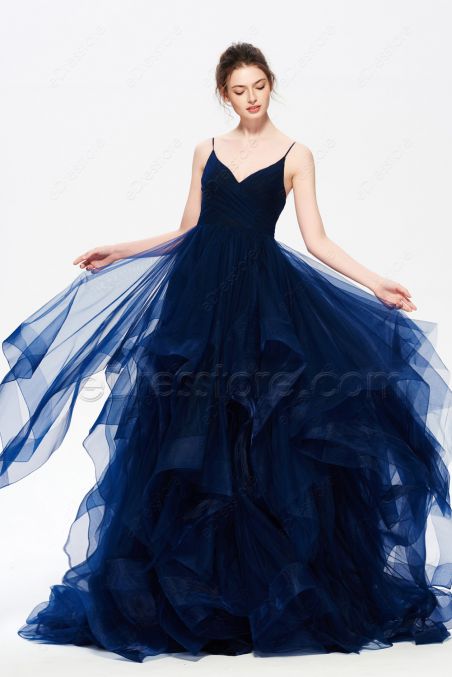 Navy Blue Layered Long Prom Dress with Horsehair Trim