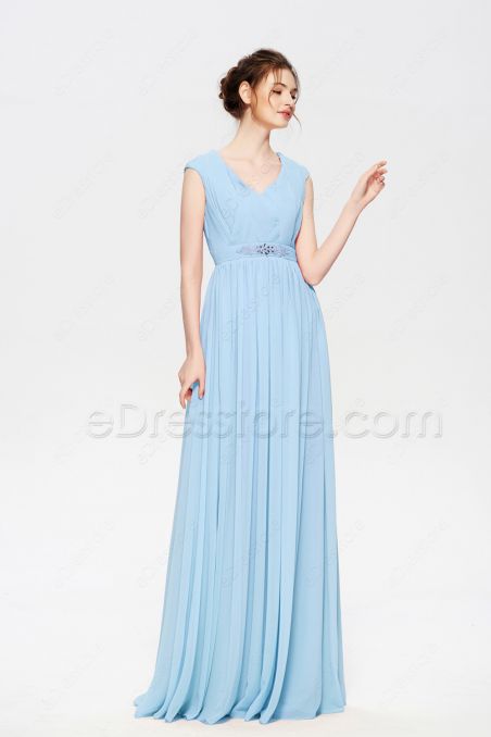 Light Blue Modest Prom Dresses Long