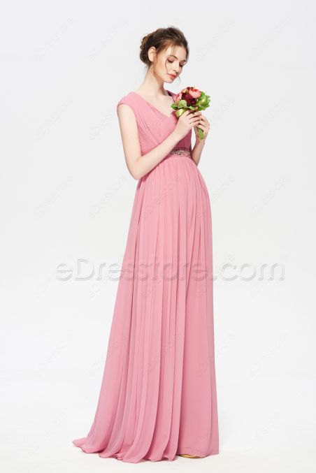 Modest Rose Color Bridesmaid Dresses Cap Sleeves