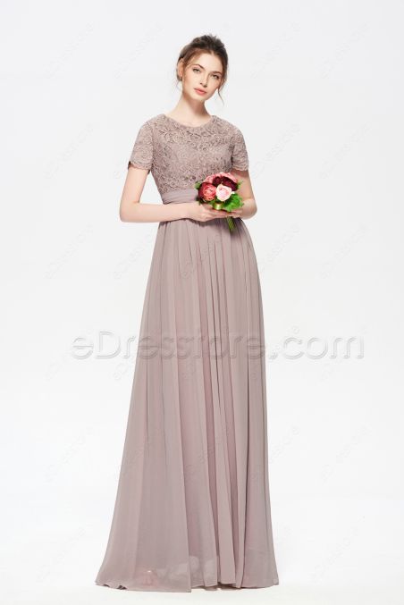 Pinkish Grey Modest Bridesmaid Dresses Long with Short Sleeves