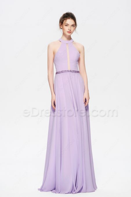 Lavender Beaded Halter Backless Long Prom Dresses