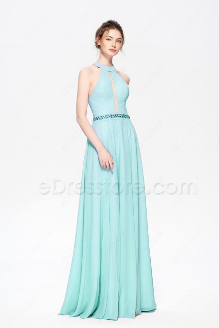 Turquoise Blue Halter Bridesmaid Dresses Long