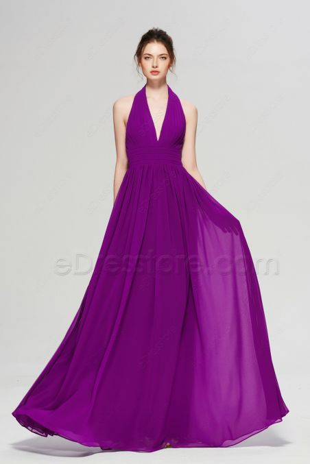 Raspberry Halter Backless Prom Dresses Long Elegant