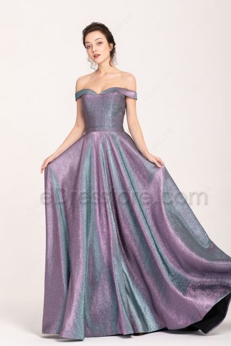 Off the Shoulder Metalic Prom Dresses Two Tone with side pockets