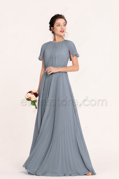 Modest Dusty Blue Bridesmaid Dresses with Short Sleeves
