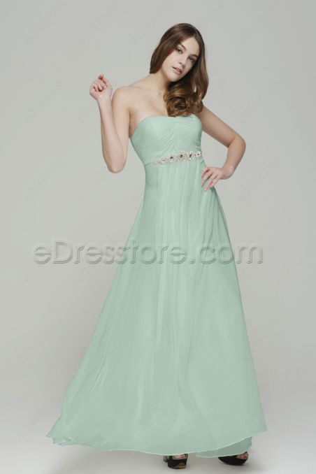Strapless Pastel Green Long Prom Dresses with Crystals
