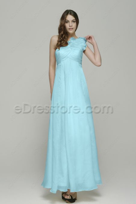 One Shoulder Ruffles Light Blue Prom Dresses with Empire Waist