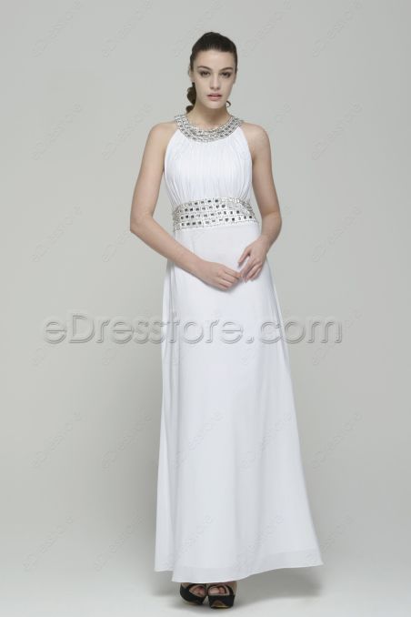 Modest Crystals White Prom Dresses Long