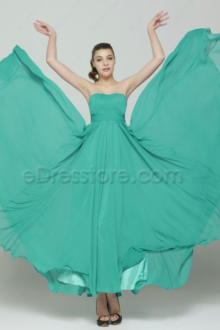 Green Flowing Long Bridesmaid Dresses Dipped Neckline