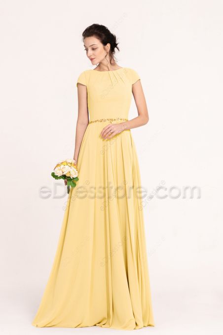 Beaded Light Yellow Bridesmaid Dresses Modest LDS