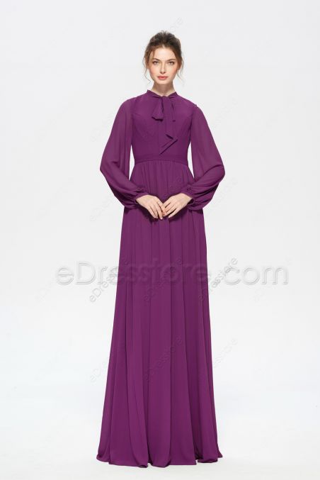 Berry Color Modest Mother of the Bride Dress Long Sleeves