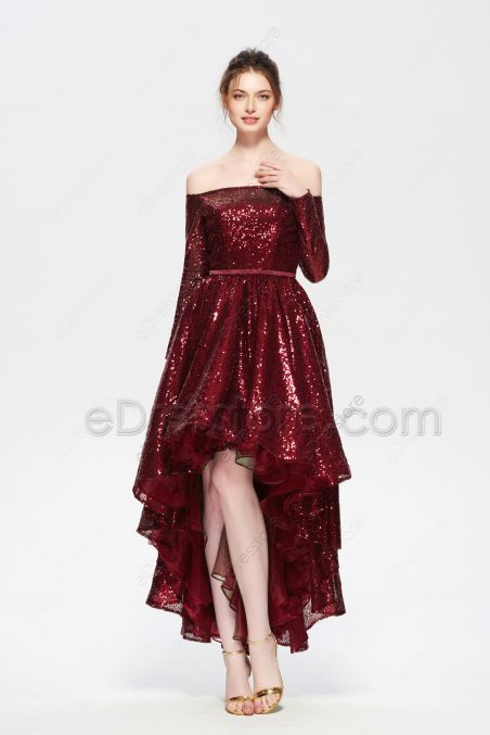 Burgundy High Low Sparkle Prom Dress Long Sleeves Off the SHoulder
