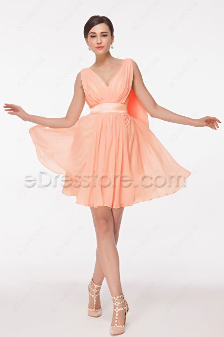 V Neck Peach Color Bridesmaid Dresses Knee Length